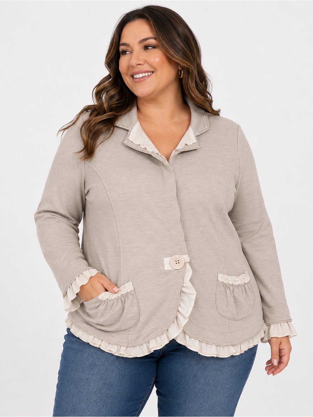 Christopher & Banks Cream Ruffle-Trim Knit Blazer Jacket